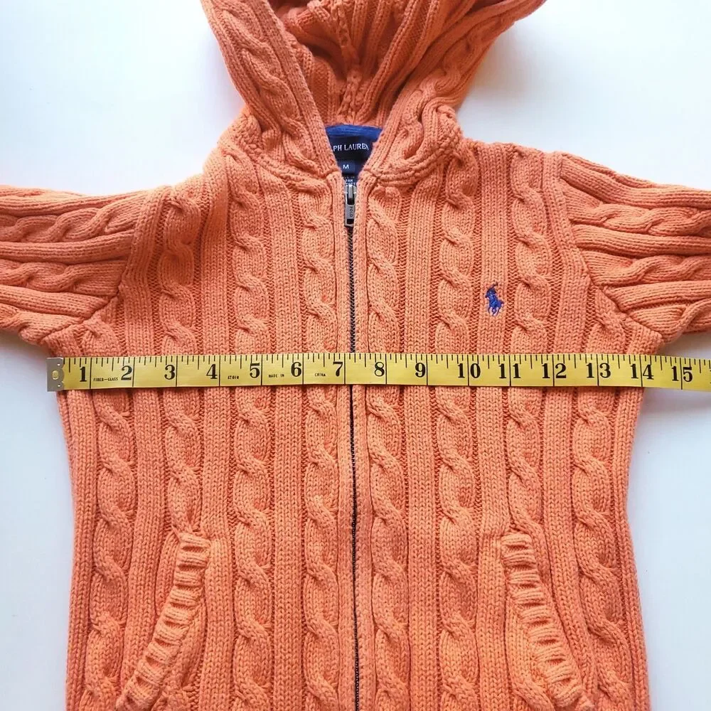 Ralph Lauren Hooded Sweater Kids M Cable Knit Full Zip Pony Logo Preppy Orange
